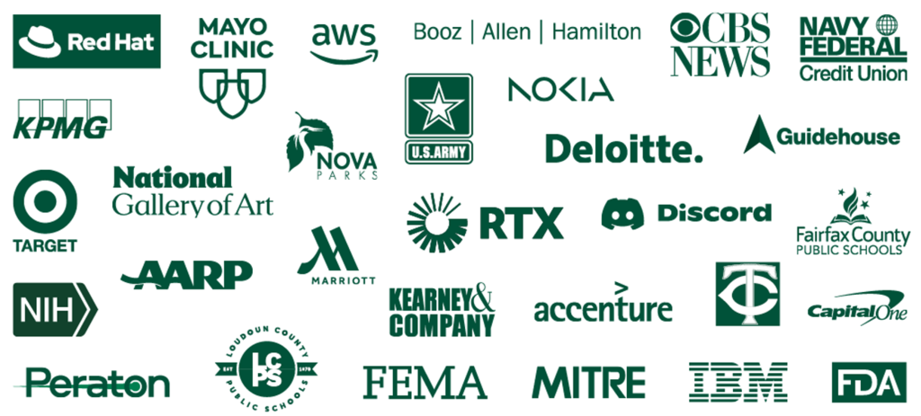 An image showing the logos of select employers of George Mason graduates. Logos shown include: Red Hat, Mayo Clinic, Amazon Web Services, Booz Allen Hamilton, CBS News, Navy Federal Credit Union, KPMG, NOVA parks, U.S. Army, Nokia, Deloitte, Guidehouse, Target, National Gallery of Art, Marriot, AARP, NIH, Peraton, Loudoun County Public Schools, FEMA, Kearney and Company, RTX, Accenture, MITRE, Discord, IBM, FDA, Captial One, Fairfax County Public Schools, Minnesotta Twins
